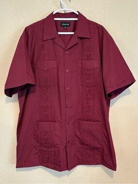 ALLSENSE Men's Guayabera Shirt Burgundy Short Sleeve Cuban Wedding Size XL